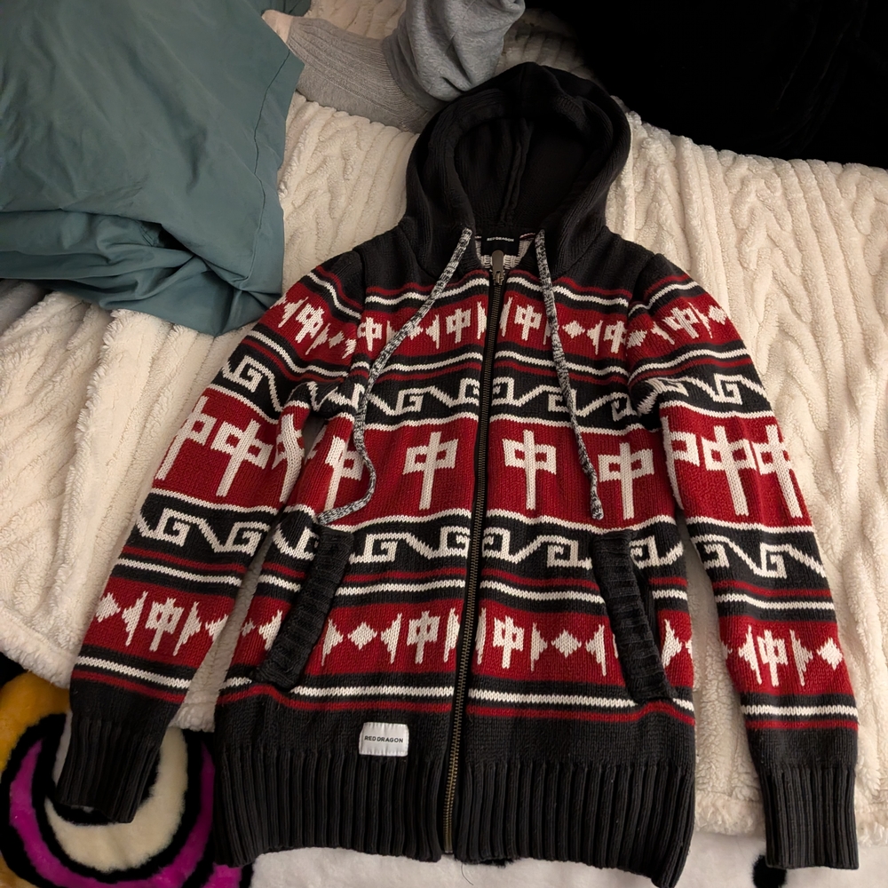 Women's Red and Black Hooded Sweater